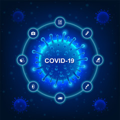 Coronavirus outbreak and icon for social distancing awareness and protecting alert against dangerous disease risk spread. Medical health concept with virus microscopic view background. Vector 3D