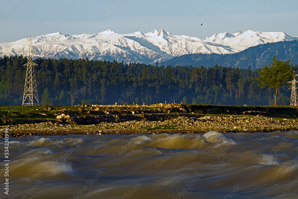 Wall mural Fast River with snow covered mountains in back ground, forest, Kashmir India