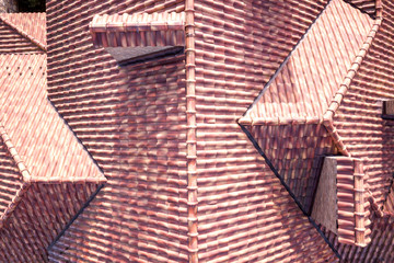 Top aerial view of building complex shingle roof construction. Abstract background.