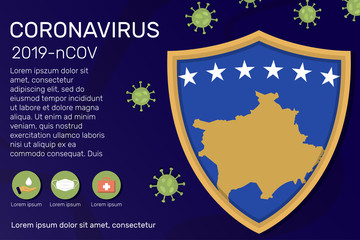 Shield covering and protecting of Kosovo. Conceptual banner, poster, advisory steps to follow during the outbreak of Covid-19, coronavirus. Do not panic stop corona virus together