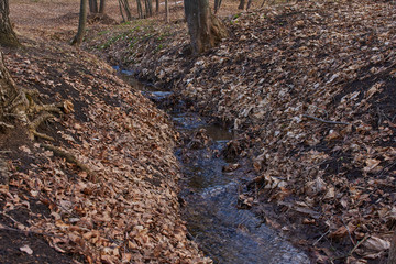 Creek in the park.A spring stream flows in the park of the Pushkin family estate and flows into a small lake. The pond is covered in ice and snow. Russia, the village of Big Boldino