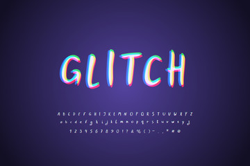 Digital glitch Alphabet white multicolor on dark background. Modern lettering font with stereo color effect. Uppercase and lowercase letters, numbers, marks. Vector illustration