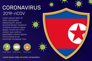 Shield covering and protecting of North Korea. Conceptual banner, poster, advisory steps to follow during the outbreak of Covid-19, coronavirus. Do not panic stop corona virus together