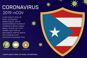 Shield covering and protecting of Puerto Rico. Conceptual banner, poster, advisory steps to follow during the outbreak of Covid-19, coronavirus. Do not panic stop corona virus together