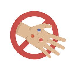Handshake ban. No handshake. Bacteria on hand. Hand with a prohibition sign. Cartoon flat design. Precautions and prevention of disease. Avoid physical contact and infection with the coronavirus. Vect