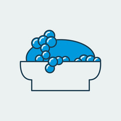 Vector icon of a soap in a soap dish with bubbles. It represents a concept of medical protection, hygiene, health safety and virus control. Also can be used as a logo