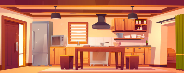 Kitchen interior in rustic house with wooden furniture and cooking appliances. Vector cartoon empty cuisine in western country style with fridge, microwave, stove and vintage dining table