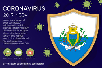Shield covering and protecting of San Marino. Conceptual banner, poster, advisory steps to follow during the outbreak of Covid-19, coronavirus. Do not panic stop corona virus together