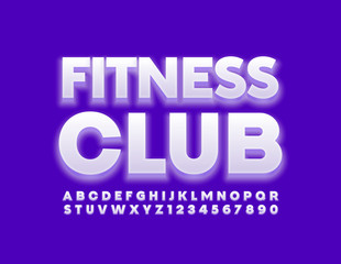 Vector modern banner Fitness Club. White glow Font. Trendy Alphabet Letters and Numbers