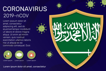 Shield covering and protecting of Saudi Arabia. Conceptual banner, poster, advisory steps to follow during the outbreak of Covid-19, coronavirus. Do not panic stop corona virus together