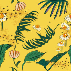 Beach cheerful seamless pattern wallpaper of daisy and leafs with lily flower on a yellow background