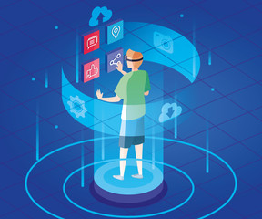man with glasses of reality augmented and social media icons vector illustration design