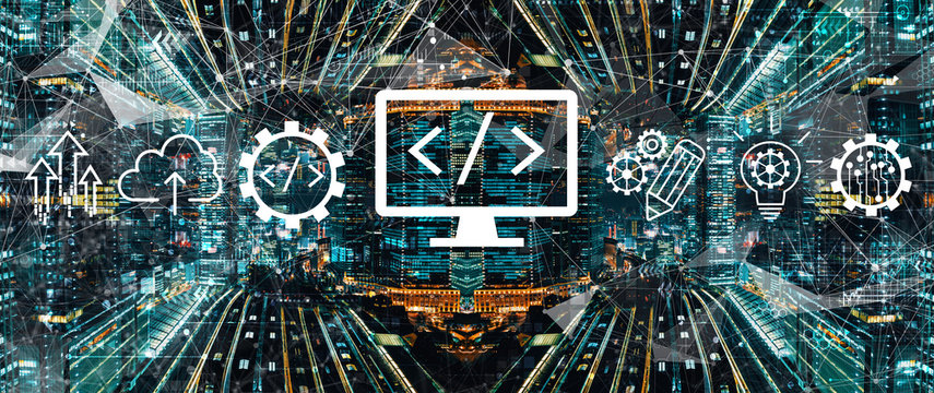 Web development concept with abstract Tokyo night cityscape