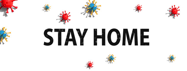 Stay at home theme with virus craft objects - flat lay