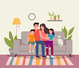 Mother and father with children sitting on the sofa. Vector flat illustration
