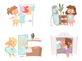 Girl dressing up. Mother and daughter choice clothes in wardrobe vector female person vector cartoon kids. Children morning dressing, clothing and routine illustration