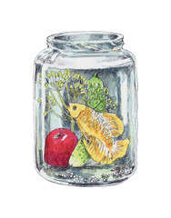 Surprised fish in a jar with pickles. Unexpected situation