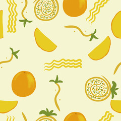 Seamless handdrawn fruits pattern. Orange, sliced lemon and abstract shape illustrations on light yellow background.