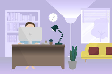 Man working with computer on desk at home. Work from home concept. Flat design vector illustration.