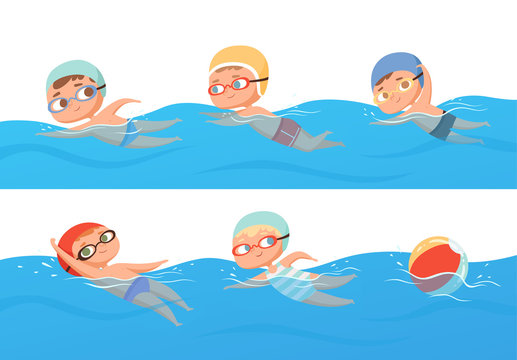 Kids swimming. Happy children water sport in pool summer swimming classes vector collection set. Happy boy abd girl in pool, people swimmer illustration