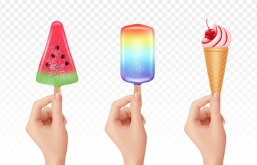 Realistic hands holding ice cream. Cold sweets, 3d cream and ice juices. Summer food vector elements. Food dessert summer, ice cream delicious illustration