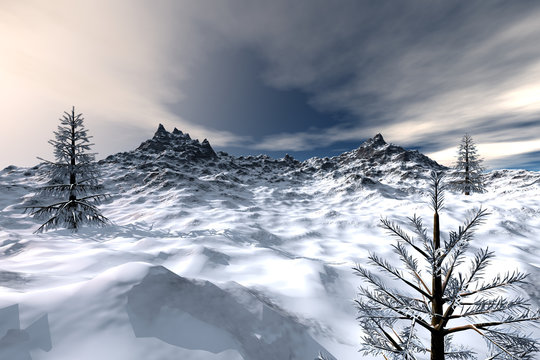 Snowy mountain, a winter landscape, two rocky peaks, coniferous trees and a blue sky with clouds.