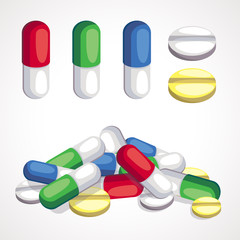 Cartoon set of capsules and pills. Pile of pills. Vector illustration