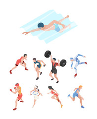 Sport players. Isometric characters peoples playing olympic games football volleyball ski tennis runners jumpers vector persons. Illustration sport skating, character football and olympian game runner