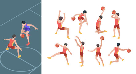 Basketball game. Sport players in active action poses isometric basketball gamers vector set. Basketball game, basket professional athlete illustration