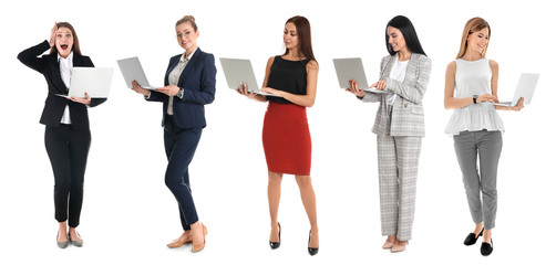 Fototapeta premium Collage of women with laptops on white background. Banner design