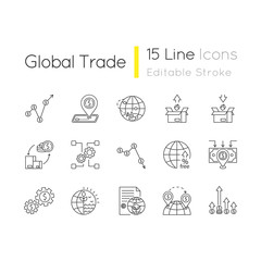Global trade pixel perfect linear icons set. World economics, investment and income. Business assets. Customizable thin line contour symbols. Isolated vector outline illustrations. Editable stroke