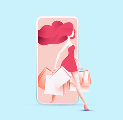 Pretty woman in red dress holding shopping bags step out from smartphone display screen. Online shopping concept. Vector illustration.