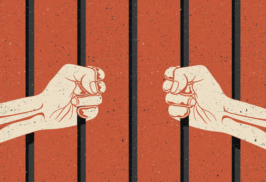 Behind the bars. Two hands arms holding the bars. Imprisonment, deprivation of liberty concept. Vintage styled vector illustration