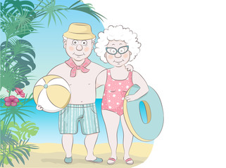 Elderly couple of tourists on the beach.Grandmother with a lifebuoy and grandfather with a ball.Vector illustration in a cartoon style.