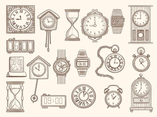 Watches set. Drawing clocks timers alarms vector pictures collection. Timer and watch, alarm clock drawing, doodle stopwatch sketch illustration