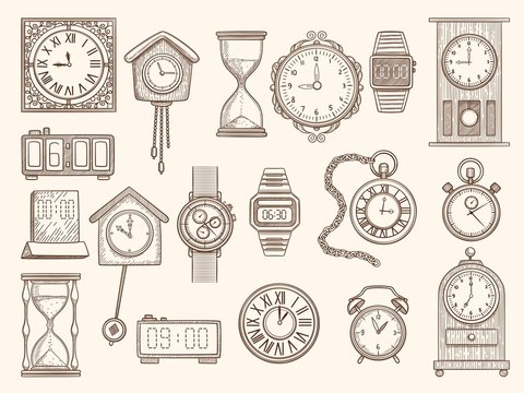 Watches set. Drawing clocks timers alarms vector pictures collection. Timer and watch, alarm clock drawing, doodle stopwatch sketch illustration