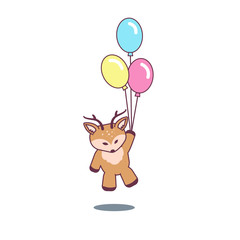 Cute deer flying on balloons. Flat cartoon isolated illustration, logo, icon. Useful for print, t-shirt, stickers.