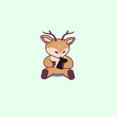 Naklejka premium Cute deer sitting with smartphone. Baby deer trying to push on and slide on phone. Flat cartoon isolated illustration, logo, icon. Useful for print, t-shirt, stickers.