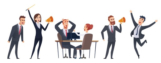 Screaming people. Angry business characters. Woman man with megaphone. Negative leadership vector illustration. Business character angry, businessman scream and shouting