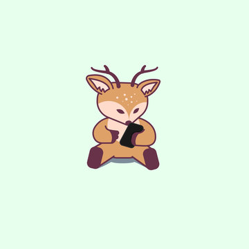 Cute deer sitting with smartphone. Baby deer trying to push on and slide on phone. Flat cartoon isolated illustration, logo, icon. Useful for print, t-shirt, stickers.