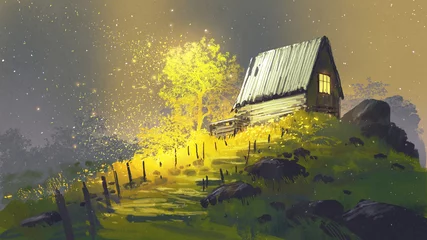 Türaufkleber fantastische Landschaft mit Weg zum Haus auf einem Hügel, digitaler Kunststil, Illustrationsmalerei © grandfailure