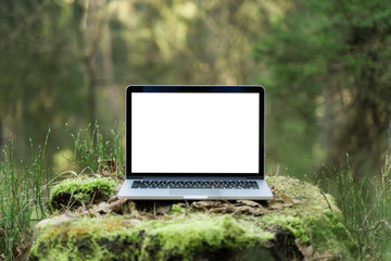 Laptop outside concept. Empty copy space, blank screen mockup. Soft focus laptop in nature background. Ecology travel and work outside office concept. - 334240348