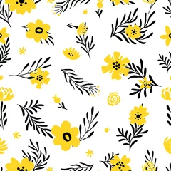 Fotobehang Yellow flower pattern. Doodle spring background with floral elements. Summertime fabric vector seamless texture. Spring floral pattern, flower yellow summer illustration © ONYXprj