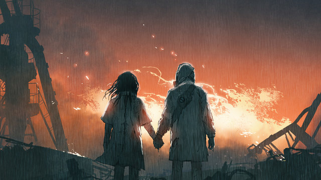 We'll get through this together, lovers holding hands looking at fire flames in the rainy night, digital art style, illustration painting