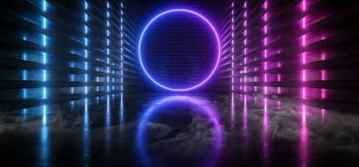 Smoke Neon Glowing Reflective Circle Empty TUnnel Corridor Synthwave Background Purple Blue Electric Laser Beams Alien Spaceship Cyber 3D Rendering