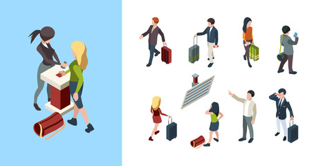 Travel people isometric. Touristic persons family couples businessman with bag 3d luggage vector characters. Travel with bag, man and woman isometric illustration