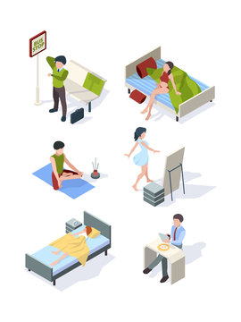 Female daily routine. Housewife making homework everyday processes sleeping eating at kitchen fitness vector isometric set. Routine daily woman and man, young character work and activity illustration