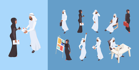 Arab isometric. Dubai man saudi woman business people arabian entrepreneur characters vector illustrations. Business muslim people, woman in hijab leader