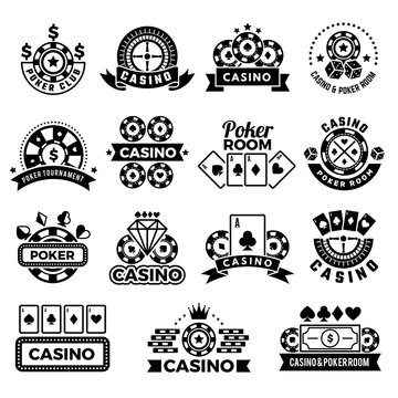 Casino emblems. Labels for poker club game tournament symbols gambling cards chips and dice vector collection. Casino game gambling, poker and dice illustration