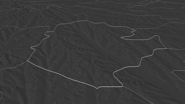 Cimişlia, district with its capital, zoomed and extruded on the bilevel map of Moldova in the conformal Stereographic projection. Animation 3D